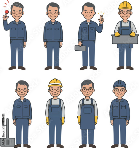 Elderly Asian Male Workers Blue Overalls Various Poses White Background Flat Design