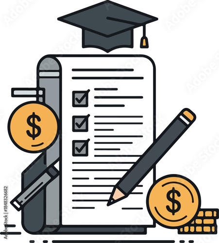 Education Loan Document and Graduation Cap With Money Coins