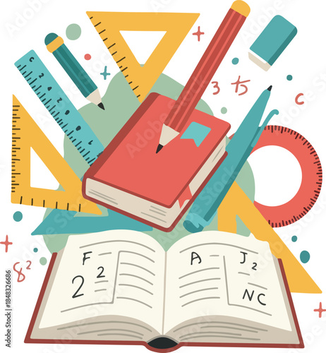 Education Math School Supplies Book Pencil Ruler Protractor