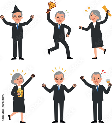 Elderly Business People Celebrating Success In Suits With White Background
