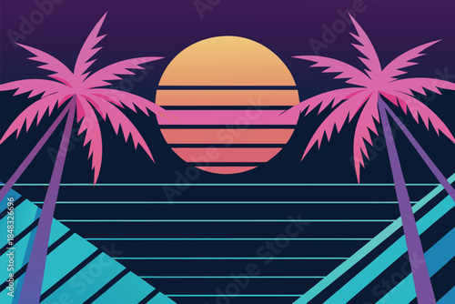A stylized, vibrant neon sunset behind pink palm trees creates a retro beach vibe, ideal for vacation, travel, and summer lifestyle themes in stock collections.