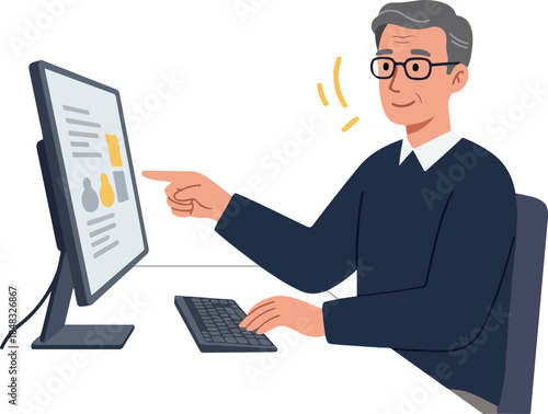 Elderly Man Working On Computer Vector