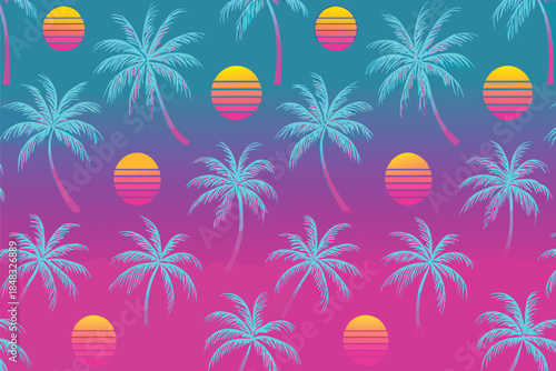 Vibrant Neon Sunset Palm Trees Pattern With Gradient Horizon For Summer Beach Backdrops