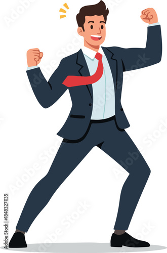 Excited Businessman Celebrating Victory in Dark Suit with Red Tie