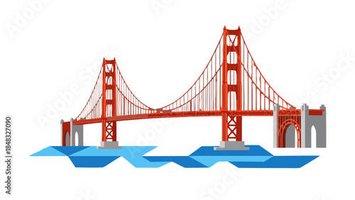 Stylized Golden Gate Bridge Illustration with Geometric Water