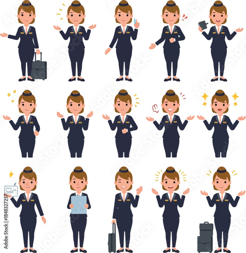 Female Flight Attendant Poses With Luggage And Tablet Flat Design