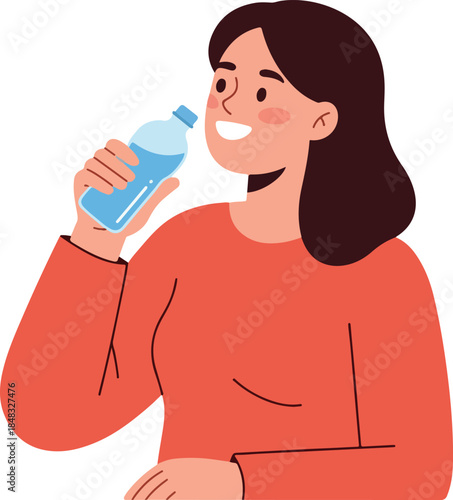 Flat Design Woman Drinking Water Bottle Red Sweater Simple Isolated Object
