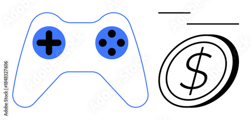 Video game industry, digital economy, gaming monetization, virtual currency, esports, microtransactions. Gaming controller next to a dollar coin symbol. Gaming monetization and digital economy