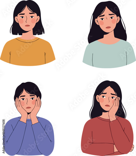 Four Women Portraits Flat Design Style Expressing Sadness and Concern