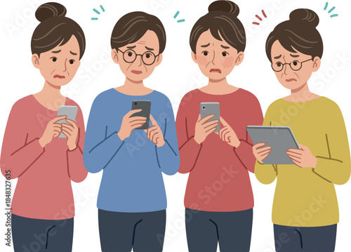 Four Women Looking Worried at Phones and Tablet Flat Design Illustration