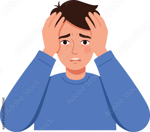 Frustrated Man Holding Head Blue Shirt White Background Flat Design Vector