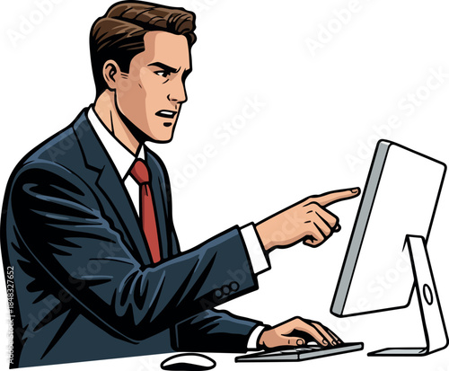 Frustrated Businessman Pointing at Computer Screen in Office