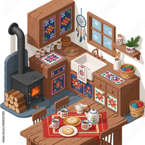 Cozy kitchen with a wood-burning stove decorated with vibrant traditional textiles and seasonal