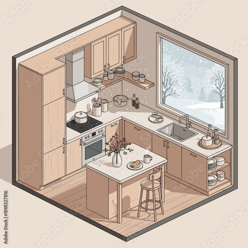 Cozy kitchen with natural light from snow-covered window and modern wooden cabinetry