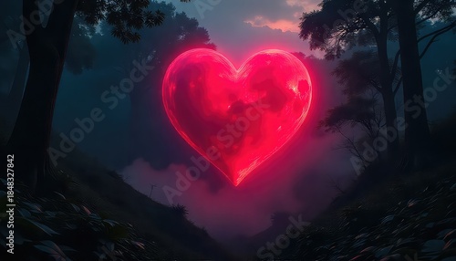 Glowing red heart in mysterious forest at dusk
