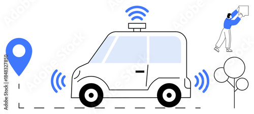 Autonomous vehicle technology. Autonomous car with GPS navigation and wireless signals connectivity. Autonomous driving showing future transit systems. For smart cities, modern transport, networks