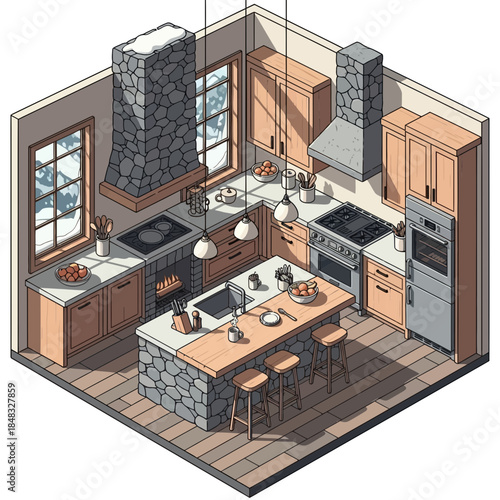 Cozy modern kitchen with stone accents, warm wooden cabinets and functional layout arrangement