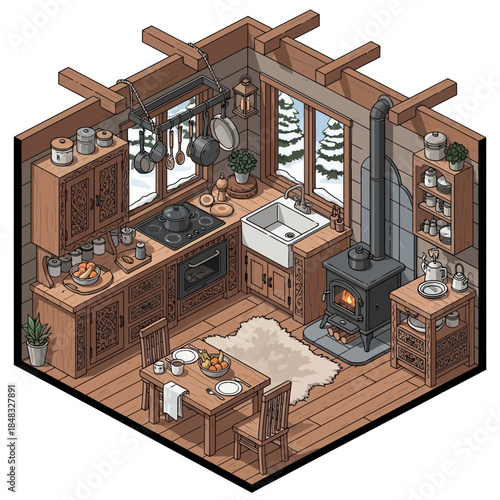 Cozy rustic cabin interior with vintage stove and wooden furniture design