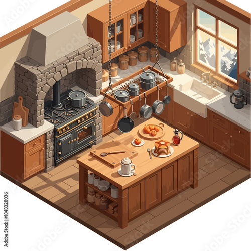 Cozy rustic kitchen with stone fireplace and traditional wooden cabinetry for warm home cooking