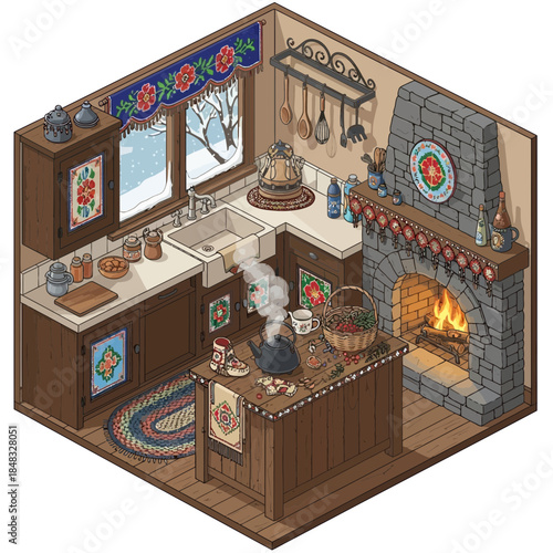 Cozy rustic kitchen with stone fireplace and vintage decor perfect for a warm home setting