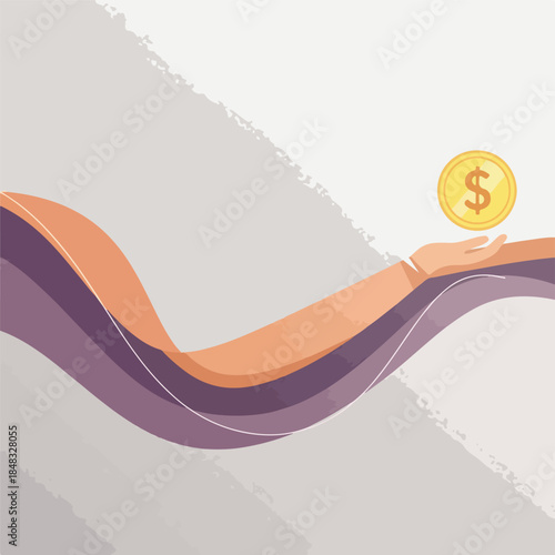 Hand Holding Golden Dollar Coin on Abstract Waves Background Flat Design