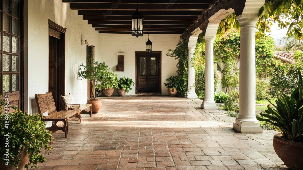 Fototapeta premium Serene Spanish-Style Courtyard with Terracotta Tiles and Lush Greenery