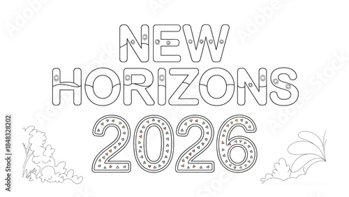 New Horizons 2026: A minimalist, artistic declaration of New Horizons paired with the numerical marker 2026, all set against a clean backdrop with minimal design elements.