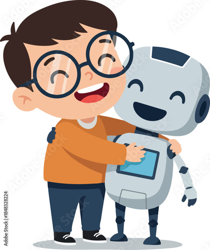 Happy Boy Hugging Cute Robot Best Friends Friendship Technology