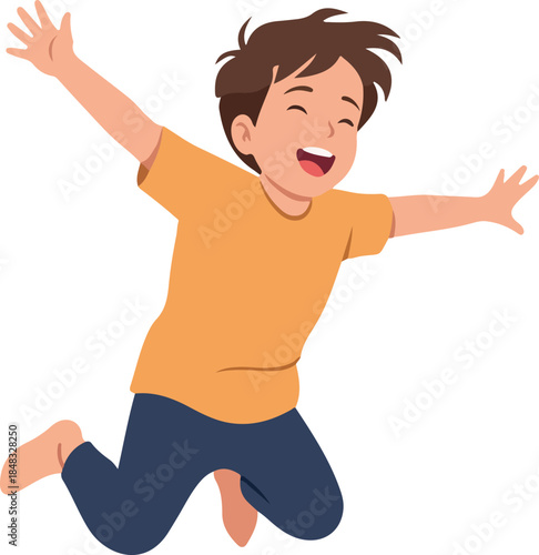 Happy Boy Jumping Joyful Orange Shirt Navy Pants White Background