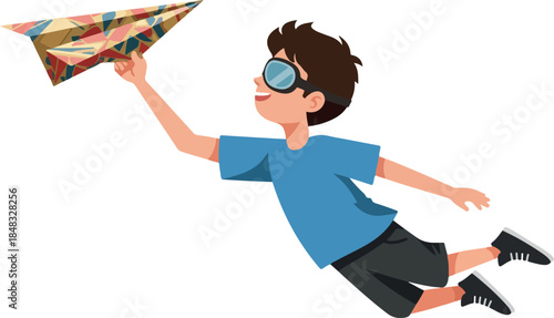 Happy Boy in Blue Shirt Flying a Colorful Paper Airplane with Goggles On White Background