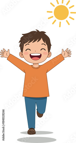 Happy Boy Playing in Sun Orange Shirt Blue Jeans