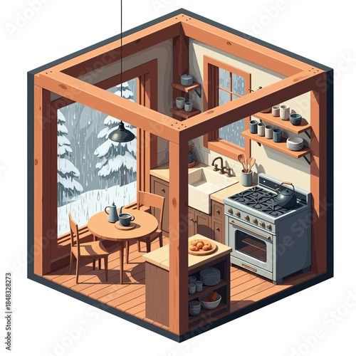 Cozy winter cabin kitchen with large windows overlooking snowy landscape and rustic decor