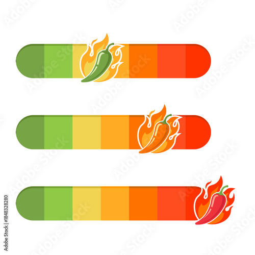 Vector set of chili pepper spice levels with heat scale bars from mild to extra hot for restaurant menus, packaging, and food labels. Colorful spicy meter icons with flame design