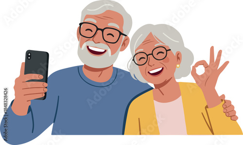 Happy Elderly Couple Taking Selfie Together Flat Design