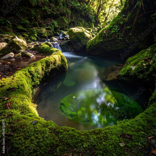 Sunlit Forest Stream with Smooth Waterfall and Calm Reflection