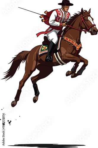 Hungarian Horseman Jumps White Horse Colorful Outfit White Background