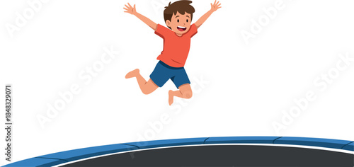 Joyful Boy Jumping High on Blue Trampoline Flat Design Illustration