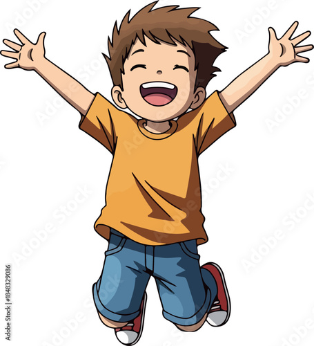 Joyful Boy Jumping Orange Shirt Blue Jeans White Sneakers Isolated