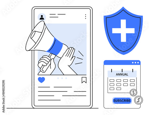 Marketing, online communication, health care, subscription plans, promotion campaigns, digital outreach. A megaphone on a social media post, shield icon with cross and annual subscription. Marketing