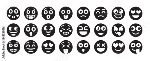 Set of 24 black silhouette emoticons showing various feelings and emotions on white background