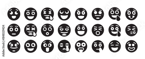 Black and white emoticon icon set. facial expressions with different emotions collection in flat style