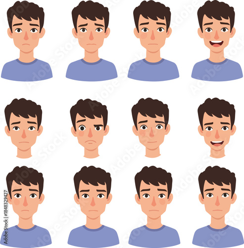 Male Avatar Expressions Icons Flat Design Set Blue Shirt
