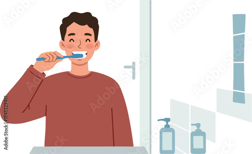 Man Brushing Teeth Morning Routine Flat Design Minimal Illustration