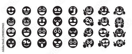 Black and white emoticon icon set. facial expressions with different emotions collection in flat style
