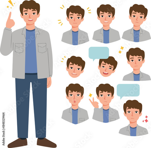 Man Character Collection Emotions Poses Grey Jacket Blue Shirt Casual Outfit