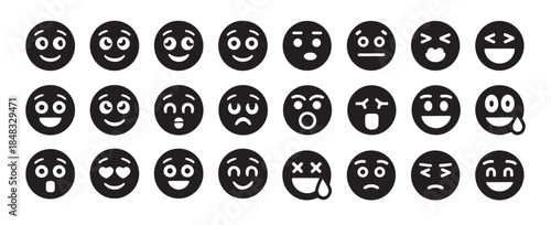 Black and white emoticon icon set. facial expressions with different emotions collection in flat style