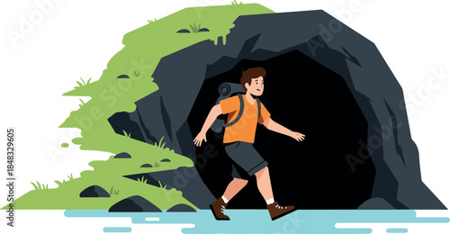 Man Hiker Enters Dark Cave Entrance Green Mountain Outdoor Adventure
