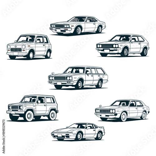 Collection of seven classic Japanese cars from the 1970s and 1980s, illustrated in a detailed black and white style.