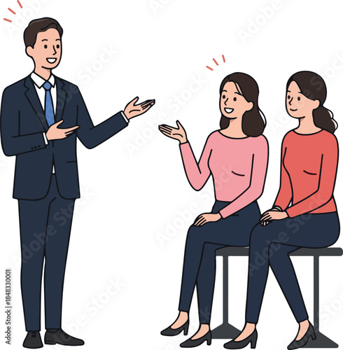 Man In Suit Gesturing To Two Women Sitting On Chairs White Background