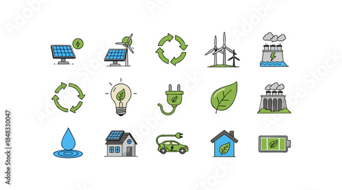 Vector Illustration of Sustainability, Renewable Energy, and Eco-Friendly Icons Featuring Solar Power, Wind Energy, Recycling, and Green Technologies